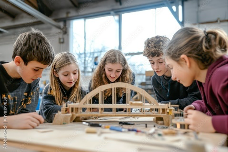 Kids hovering around a bridge replica
